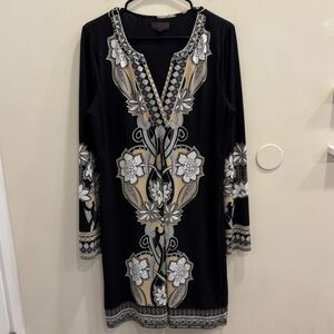 Hale Bob Black Gold Floral Medallion Beaded Tunic Stretch Jersey Shift Dress L